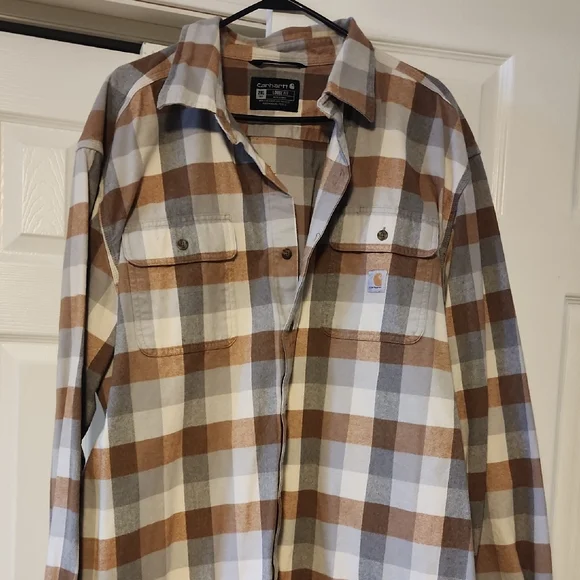 Carhartt Brown, White & Gray Plaid Flannel Work Shirt - Picture 2 of 3
